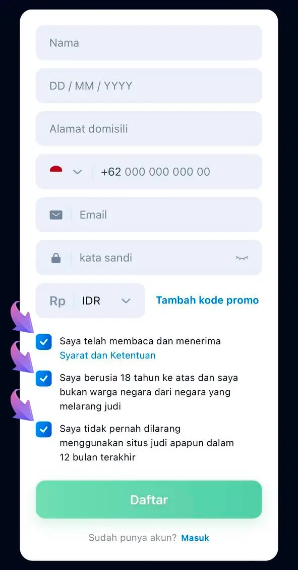 Bacalah dengan seksama syarat-syarat tersebut dan pastikan untuk mengonfirmasi pendaftaran Anda di 1Win.