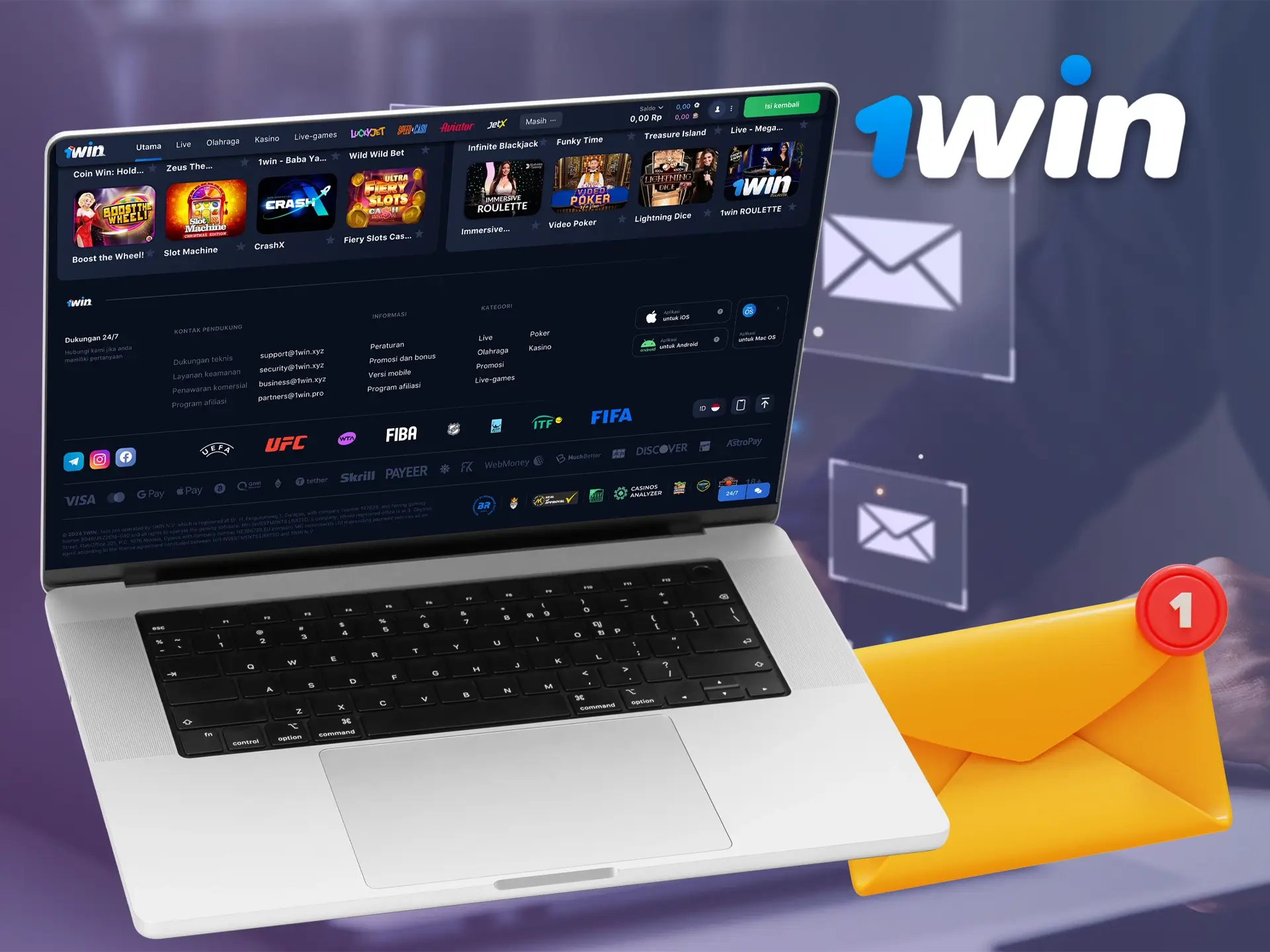 Anda dapat menghubungi departemen yang relevan di 1Win melalui email sesuai kebutuhan Anda.