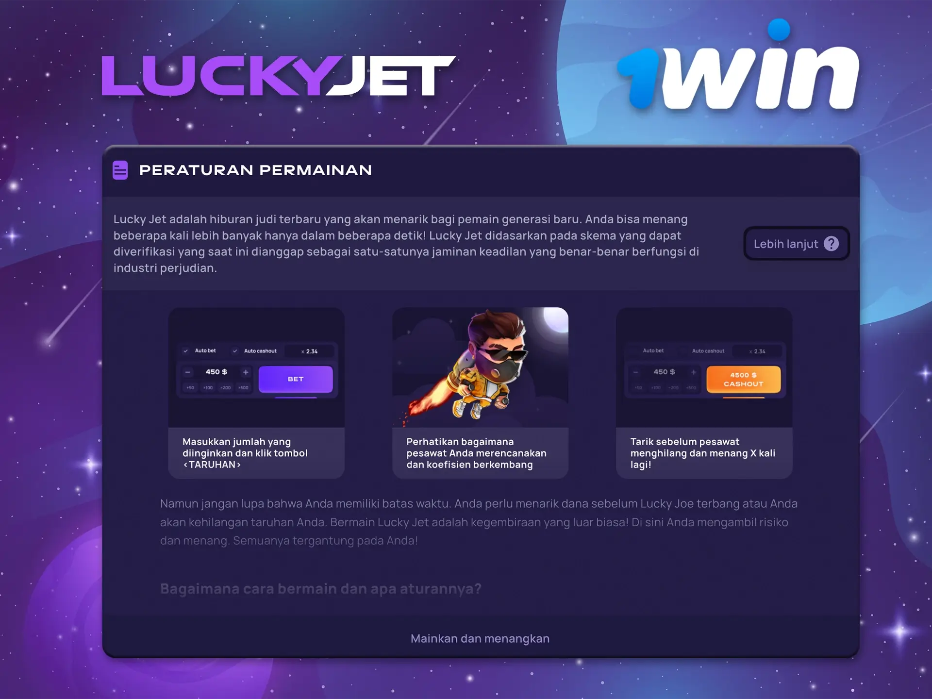 Pelajari aturan bermain Lucky Jet di kasino 1Win.