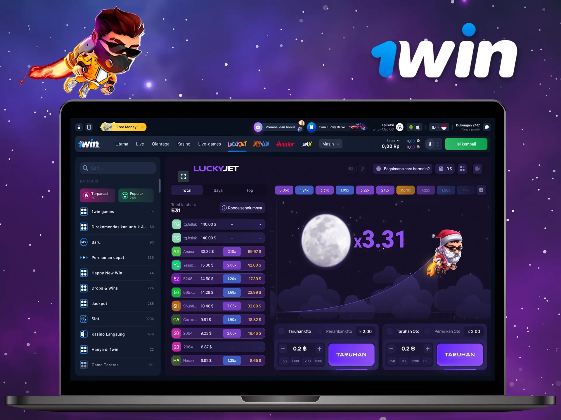 Pasang taruhan dan tarik kemenangan Anda sebelum karakter permainan turun dalam permainan Lucky Jet dari 1Win.
